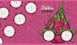 Sweet summertime design with a dragon fruit in oversized glasses on dark fuchsia