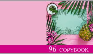 A tropical art composition with coconuts and pineapples on pastel pink backdrop