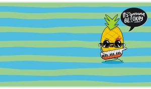 Pineapple playing music against a pattern of light blue and green uneven stripes