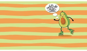 Avocado roller skates against a pattern of light green and orange uneven stripes