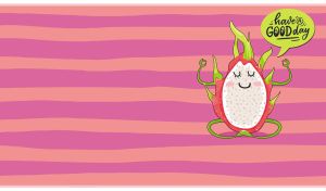 Pitaya meditates against a pattern of pastel pink and violet uneven stripes