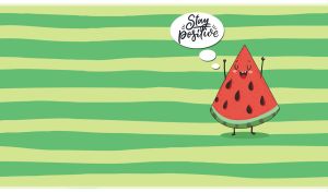 Watermelon stretches against a pattern of pastel green and green uneven stripes