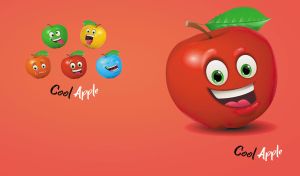 Animated cool apple character with a smiling expression on light red