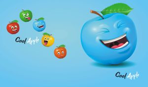 Animated cool apple character with a joyful expression on light blue