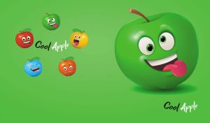 Animated cool apple character with a silly expression on light green