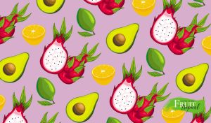 Assorted tropical fruits illustration on a pastel purple backdrop