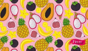 Assorted tropical fruits illustration on a pastel pink backdrop