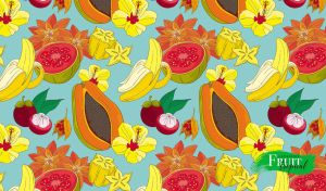 Assorted tropical fruits illustration on a pastel teal backdrop