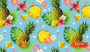 Assorted tropical fruits illustration on a baby blue backdrop