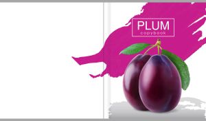 Ripe plums on a white background with fuchsia and grey brush stroke patterns