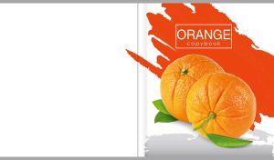 Juicy oranges on a white background with orange and grey brush stroke patterns