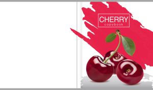 Ripe cherries on a white background with red-pink and grey brush stroke patterns