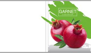 Red garnet on a white background with green and grey brush stroke patterns