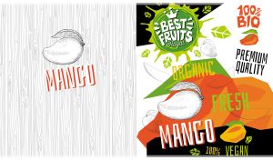 Cubism-style art sketches of orange mangoes on a black-and-white poster