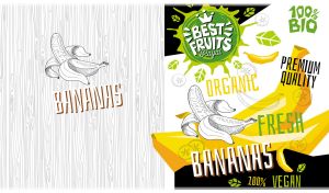 Cubism-style art sketches of yellow bananas on a black-and-white poster