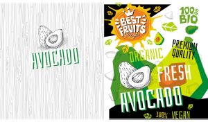 Cubism-style art sketches of green avocados on a black-and-white poster