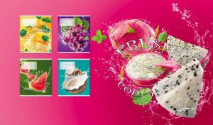 Fresh whole and sliced dragon fruits in water splashes on fuchsia pink