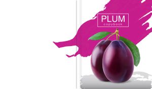 Fresh plums close-up on a white backdrop with purple brushstroke pattern