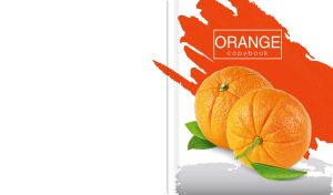 Juicy oranges close-up on a white backdrop with red-orange brushstroke pattern