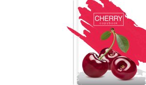 Fresh cherries close-up on a white backdrop with hot pink brushstroke pattern