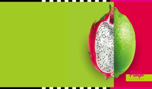 Half a pitaya on a green backdrop and half a lime on a red-pink backdrop