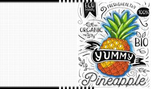 Sketch of a fresh and healthy orange pineapple and black inscription on white