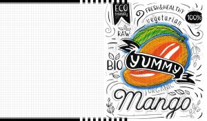 Sketch of a fresh and healthy orange mango and black inscription on white