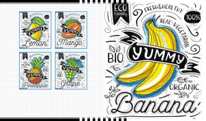 Sketch of a fresh and healthy yellow bananas and black inscription on white