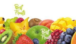 Assorted fresh fruits close up on a white background