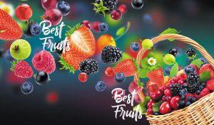Assorted fresh berries in a basket on a dark grey backdrop