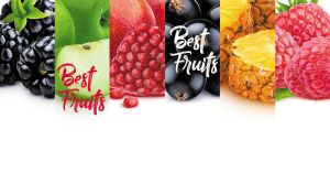 Assorted fresh fruits and berries artistically arranged in multipanel on white backdrop