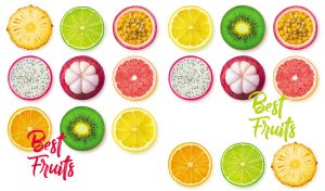Assorted colorful sliced fruits artistically arranged in flat lay style on white backdrop