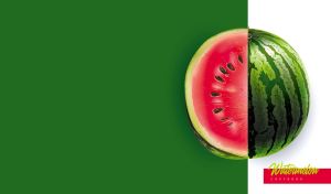Two halves of a fresh watermelon isolated on dark green and white