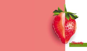 Two halves of a juicy strawberry isolated on coral red and white