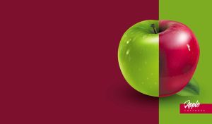 Two halves of red and green apples isolated on maroon and lime green