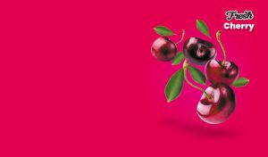 Juicy cherries and green leaves on bright pink-red