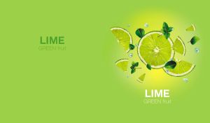 Lime slices with mint leaves and water splashes in motion on lime green
