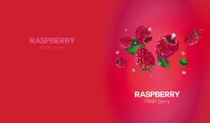 Luscious raspberries and water splashes in motion on red-pink