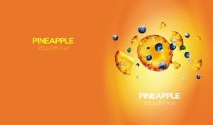 Sliced pineapple with blueberries and water splashes in motion on orange