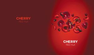 Scattered cherries and water splashes in motion on deep red