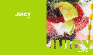 Lime and berries floating in sparkling water on lime green