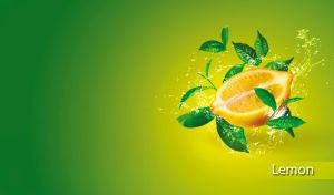 Fresh lemon half with leaves and water splashes on a yellow and green gradient