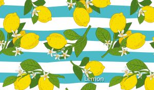 Seamless hand-drawn lemon pattern on a white and teal striped backdrop