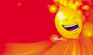 An animated laughing lemon character on red