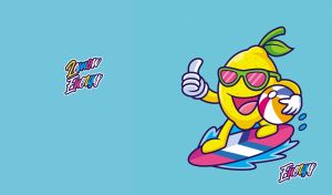 Animated lemon character surfing on a colorful board on light blue