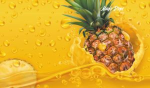 Pineapple amidst splashes and water droplets on a yellow backdrop