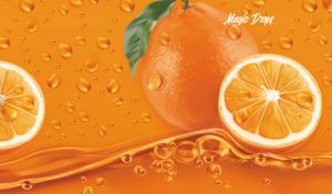 Oranges amidst splashes and water droplets on an orange backdrop