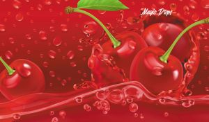Cherries amidst splashes and water droplets on a vibrant red backdrop