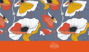 Vector illustration with stylized poppy patterns on grey and orange