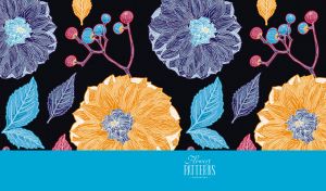 Vector illustration with stylized dahlia patterns on black and light blue